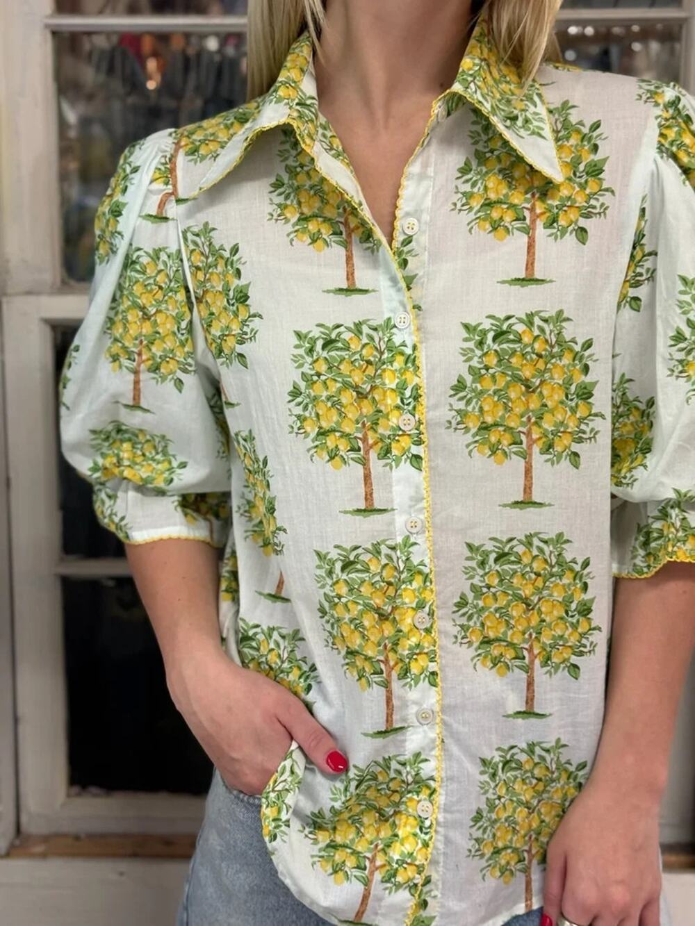 J. McLaughlin Shirt White Lemon Tree Print cotton Button Up Long XL A011292